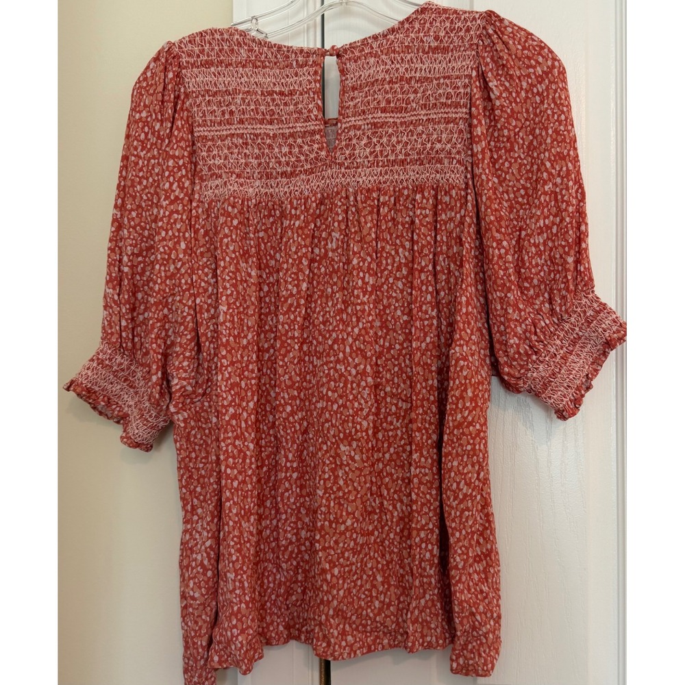 Dolan Left Coast Orange White Smocked Blouse Abstract Dot Print Top Large Womens - Picture 3 of 5